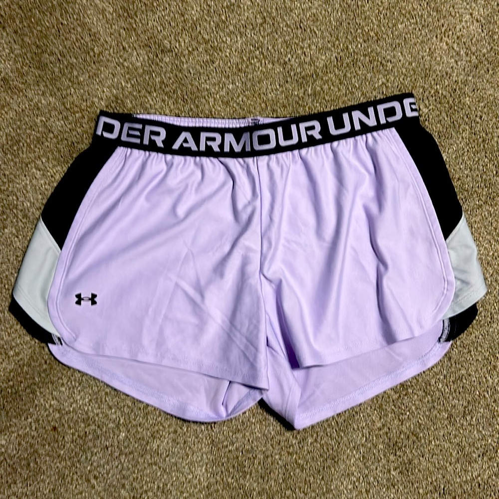 Purple, black and white Under Armour shorts, Women’s Large